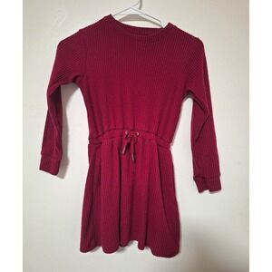 FREELY Girls Small 7/8 Ribbed Long Sleeve Drawstring Sweater Dress Burgundy